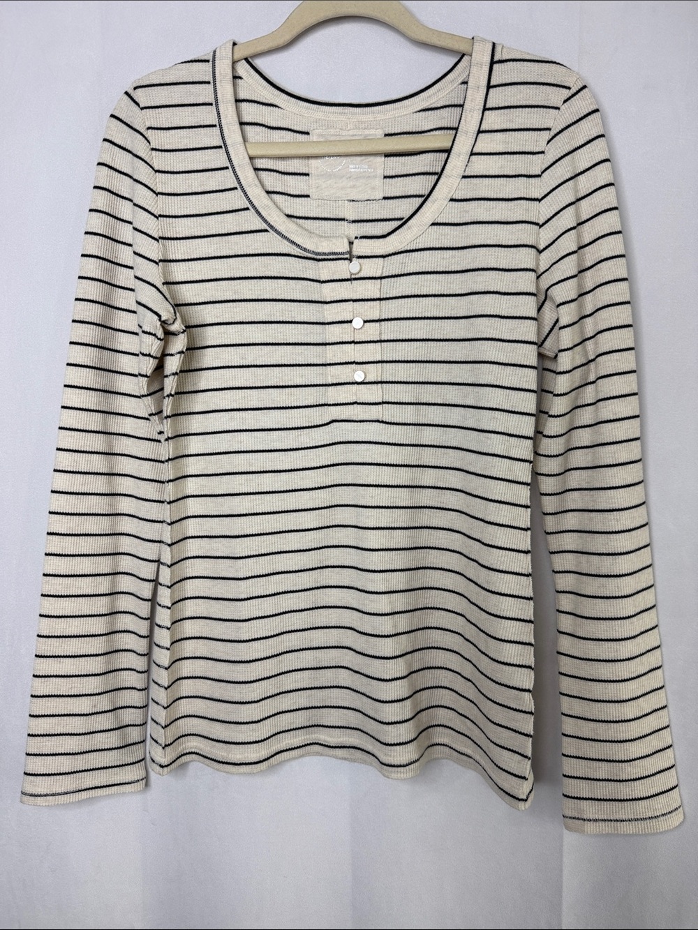 Aerie Women's Henley Knit Button Cream Long Sleeve Black Striped Top